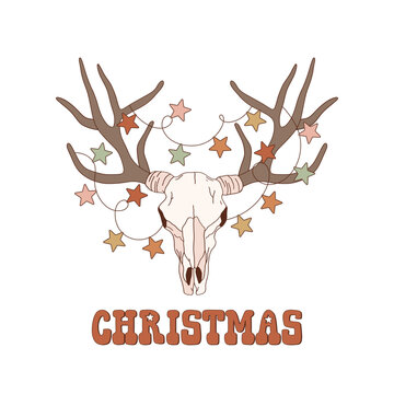 Deer scull with with festive garland on horns vector illustration isolated on white. Western Christmas design, wild west Xmas element. Delicate outlined graphics.