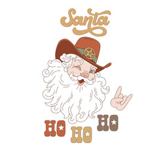 Cowboy Christmas Santa Claus rodeo illustration isolated on white. Western Christmassy Father Frost clip art . Howdy Xmas festive Ho Ho Ho design element. 