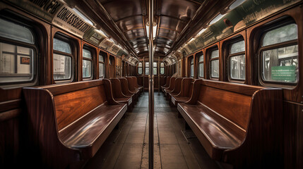 Fototapeta premium A subway car with wooden benches, AI Generative