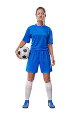  Portrait of full body young female soccer player with soccer ball standing on isolated on free PNG Background.