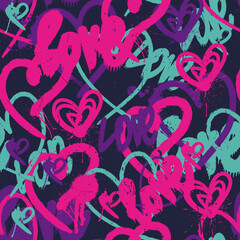 Seamless grunge pattern with love and hearts. Cute background for textile, fabric, stationery, wrapping paper, clothes, kids and other design.