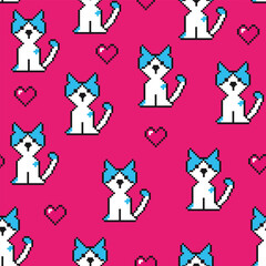 Seamless pattern with pixel cat on pink background.  Background for textile, fabric, stationery, clothes, accessories and other designs.