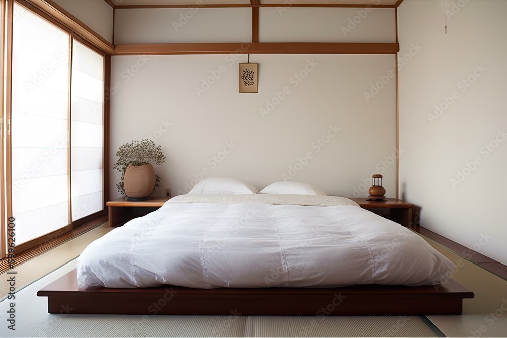 Wall mural japanese-inspired bedroom, with minimalist design and crisp white linens, created with generative ai