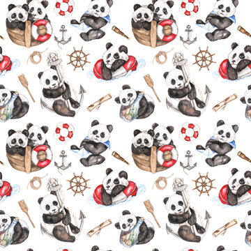 Watercolor illustration seamless pattern with cute pandas in marine theme with boat, helm, anchor, oar, spyglass, rope isolated on transparent background