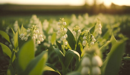 lily of the valley flowers on spring and summer season, blooming at colorful wild flower field with natural sunlight background scene.
