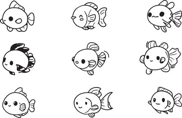 Set of Cute Fish line art vectors 