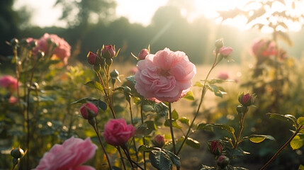 Fototapeta premium rose flowers on spring and summer season, blooming at colorful wild flower field with natural sunlight background scene.