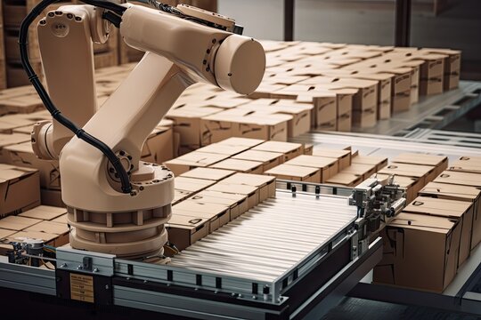 packaging and sorting robot, placing items into boxes, created with generative ai