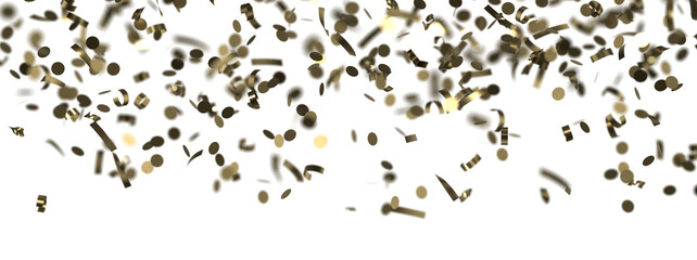 Golden confetti falling down isolated on transparent background.