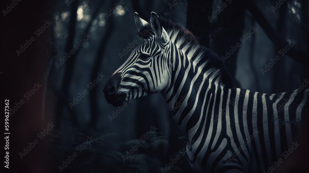 Wall mural Zebra in a dark forest Generative AI 