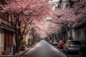 cherry blossom-lined street, with view of bustling city, created with generative ai