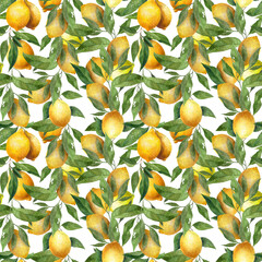 Yellow Lemons watercolor seamless pattern. Beautiful hand drawn texture. Romantic background for web pages, wedding invitations, textile, wallpaper.