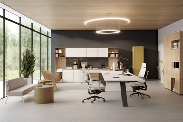 workspace with modern design and sleek furniture to create productive and inspiring environment, created with generative ai