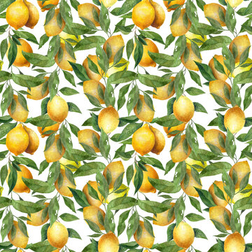 Yellow Lemons watercolor seamless pattern. Beautiful hand drawn texture. Romantic background for web pages, wedding invitations, textile, wallpaper.