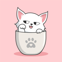 Cat in Mug - Cute White Pussy Cat Play in Cups Mug Vector