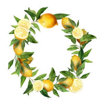Hand drawn round frame of watercolor lemon. Watercolor illustration wreath of lemon and leaves. Can be used as a greeting card for background