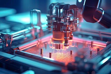 Robots are producing chips. AI technology generated image - obrazy, fototapety, plakaty