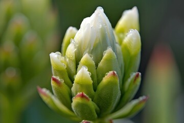 close-up of a bud with dew drops on its petals, ready to bloom, created with generative ai