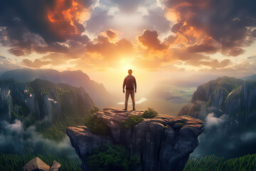 The young man stood on the top of the cliff. AI technology generated image