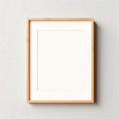 Wooden picture frame on plain wall, white border within frame, blank canvas for photos, text, illustrations, Generative AI