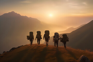 Traveler hiking with backpacks. AI technology generated image