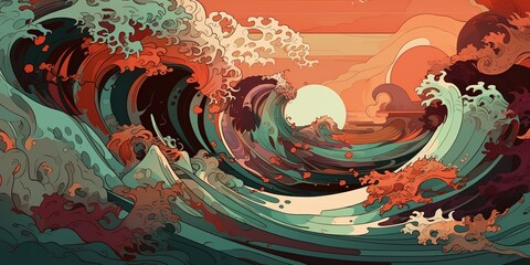 Waves moving in the ocean in oriental style. Illustration created by AI