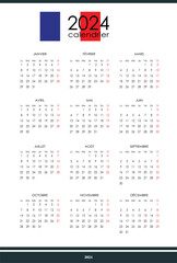 Calendar 2024. Planner template. Vertical simple layout, one page. Week starts from monday, french
