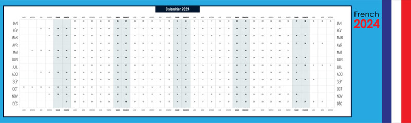 Long planner 2024. Yearly calendar template, one page, simple with copy space, horizontal, french