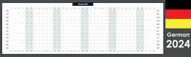 Long planner 2024. Yearly calendar template, one page, simple with copy space, horizontal, german