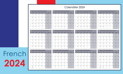 2024 calendar template. Yearly planner organizer for every day. Week starts on Monday, French