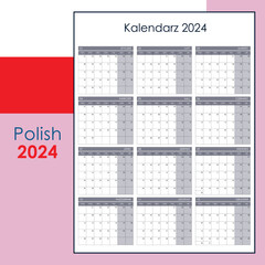 2024 calendar template. Yearly planner organizer for every day. Week starts on Monday, Polish
