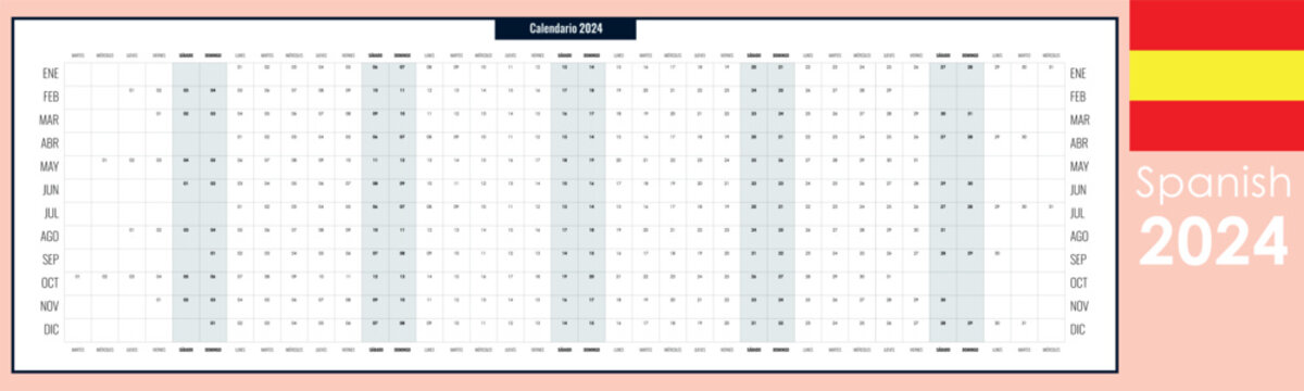 Long planner 2024. Yearly calendar template, one page, simple with copy space, horizontal, spanish