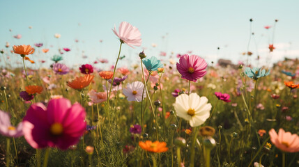 Obraz na płótnie Canvas cosmos flowers fields on spring and summer season, with colorful wild flower and natural sunlight background scene