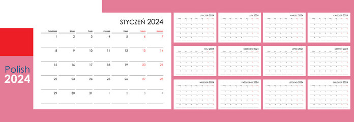 Planner calendar for 2024. Wall organizer, yearly template. One page. Set of 12 months. Polish. - obrazy, fototapety, plakaty