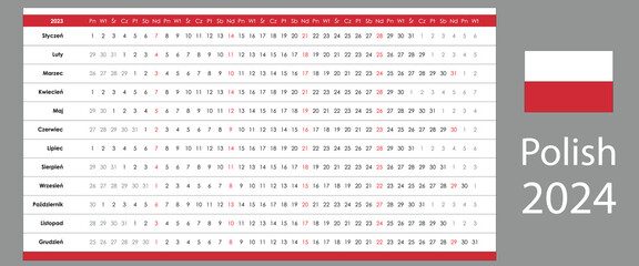 Linear calendar 2024. Horizontal grid with selected sundays. Yearly calendar organizer, planner. Polish and simple template.