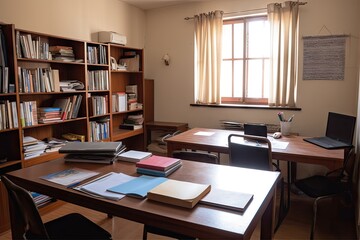 study room, with books and notebooks on tables, and laptop in use, created with generative ai