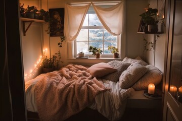cozy bedroom, with plush blankets and cozy pillows, created with generative ai