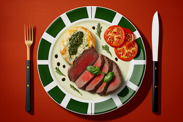 Grilled beef steak and vegetables on a plate in dark tone.