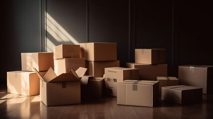 Carton boxes with stuff in empty room. Office move concept, AI Generative