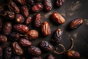 Top view of dry dates on dark background, top view. Ai generated