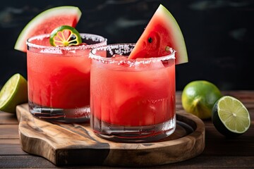 refreshing watermelon margarita with a salted rim, created with generative ai - obrazy, fototapety, plakaty