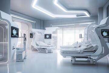 futuristic hospital, with advanced medical treatments being administered to patients, created with generative ai