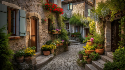 Fototapeta na wymiar A charming and quaint village street lined with colorful blooming flowers, rustic buildings, and cobbled stone pathways, evoking a sense of warmth and nostalgia.