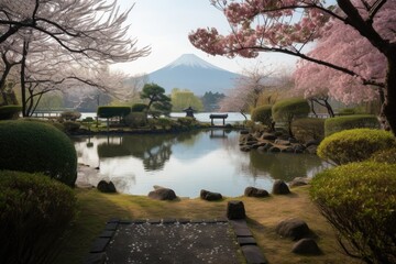 cherry blossom garden, with view of tranquil lake and mountains in the background, created with generative ai