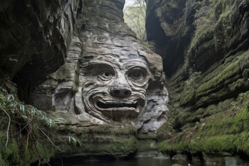 Fototapeta na wymiar natural rock formation resembling the face of a person, with eyes and mouth, created with generative ai