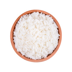 Rice in clay pot isolated on white background. Top view