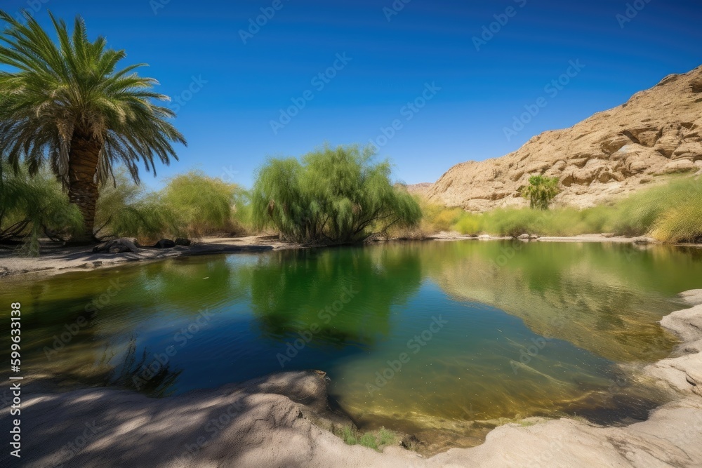 Poster desert oasis with clear blue sky and warm sun, ideal for a picnic or day of exploration, created with generative ai