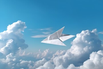Fototapeta na wymiar Paper plane flying over white fluffly clouds. Concept for freedom and travel. Generative AI