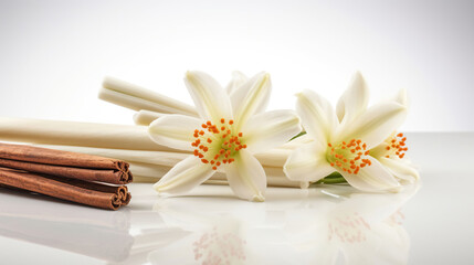 Fototapeta na wymiar Vanilla and cinnamon sticks and flowers on white background. Ai Generative