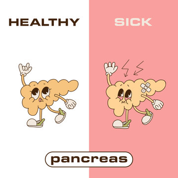 Happy and sad retro cartoon character of pancreas. 90 Drawing style of health and sick pancreas. Isolated contour vector illustration